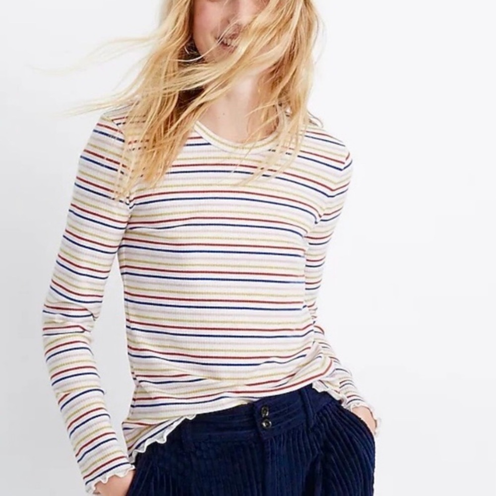Madewell Long-Sleeve Baby Tee in Shimmer Candy Stripe Lettuce Edge size Small